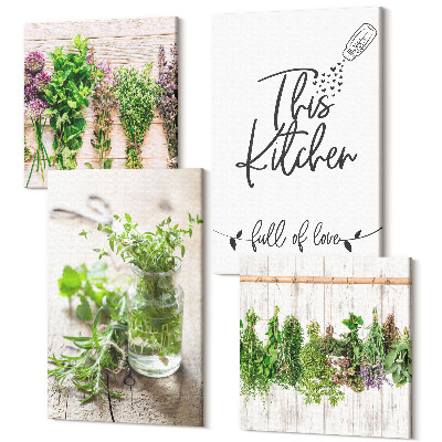 Tablou 4 piese Motiv de bucătărie cu inscripția ierburi uscate