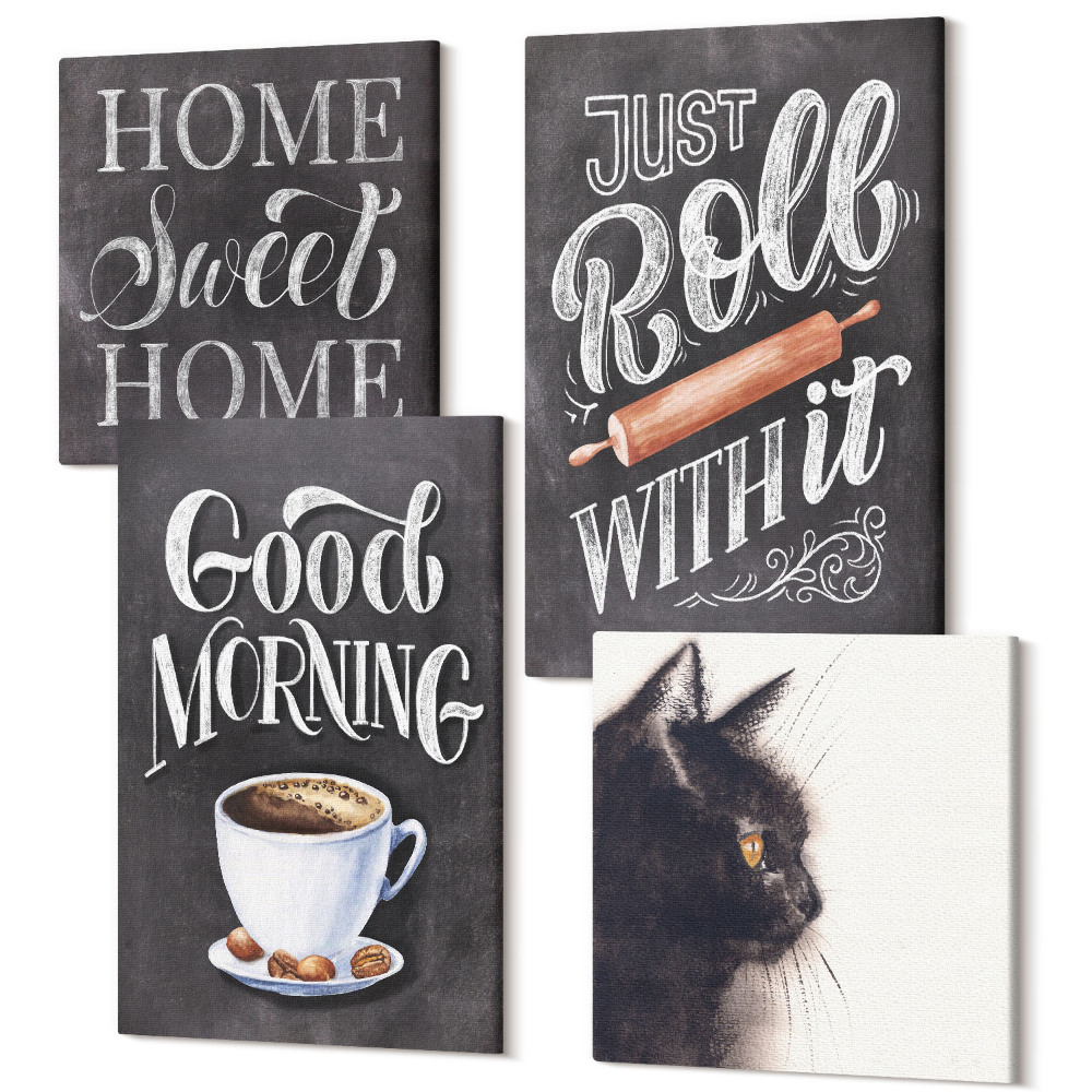 Tablouri canvas set 4 piese Teme bucătărie acasă pisici inscripții tablă