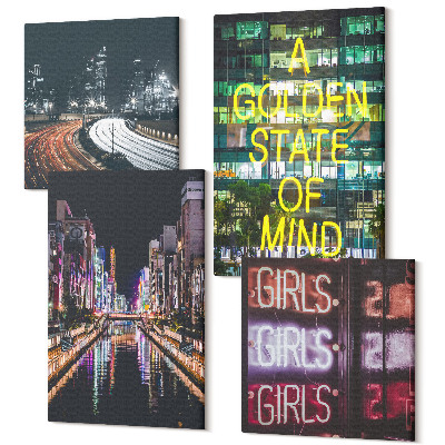 Tablouri canvas set 4 piese Semne cu neon pentru orașe peisajele urbane de noapte