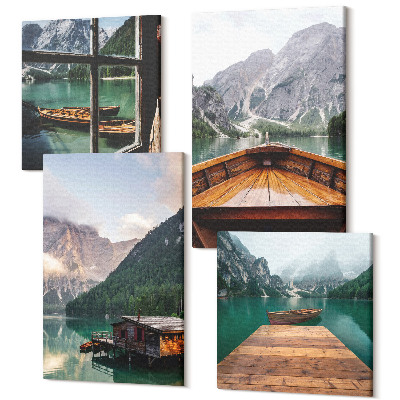 Tablouri multicanvas 4 piese Peisaje montane, cabana de lemn, debarcader si barci