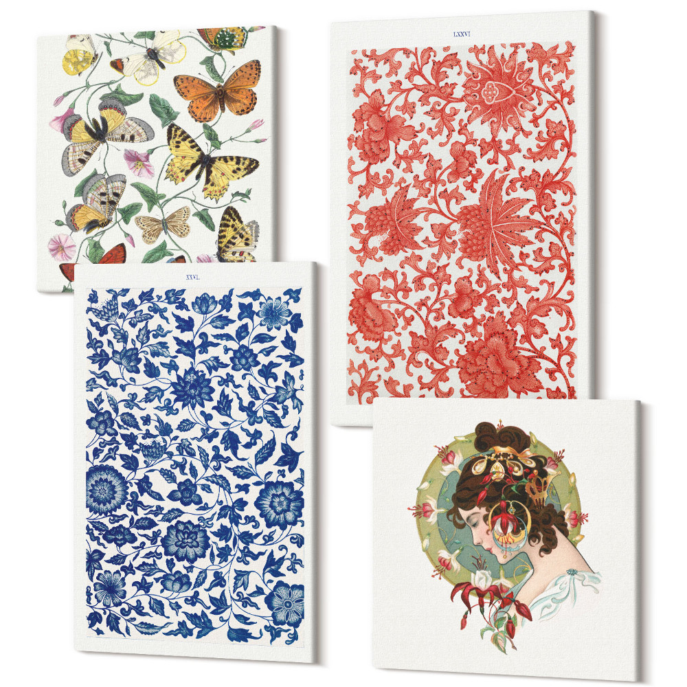 Tablouri multicanvas 4 piese Afișe cu flori de epocă, fluturi și ornamente