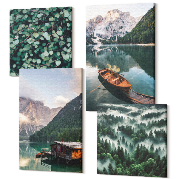 Tablouri multicanvas 4 piese Peisaje montane cu un lac, o barcă și o pădure în ceață