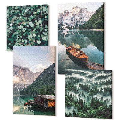 Tablouri multicanvas 4 piese Peisaje montane cu un lac, o barcă și o pădure în ceață