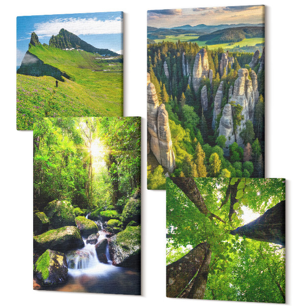 Tablouri canvas set 4 piese Peisaje verzi de munte cu cascadă și pădure
