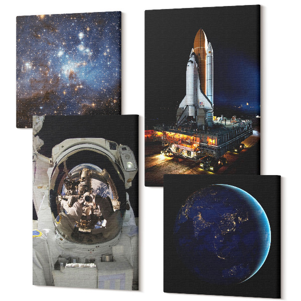 Tablouri canvas set 4 piese Vederi ale spațiului cu Pământ, astronaut și rachetă