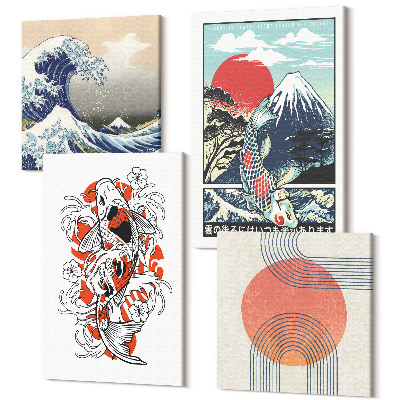 Tablou 4 piese Ilustrații ale munților de pești și ale Marelui Val de lângă Kanagawa, în stil japonez