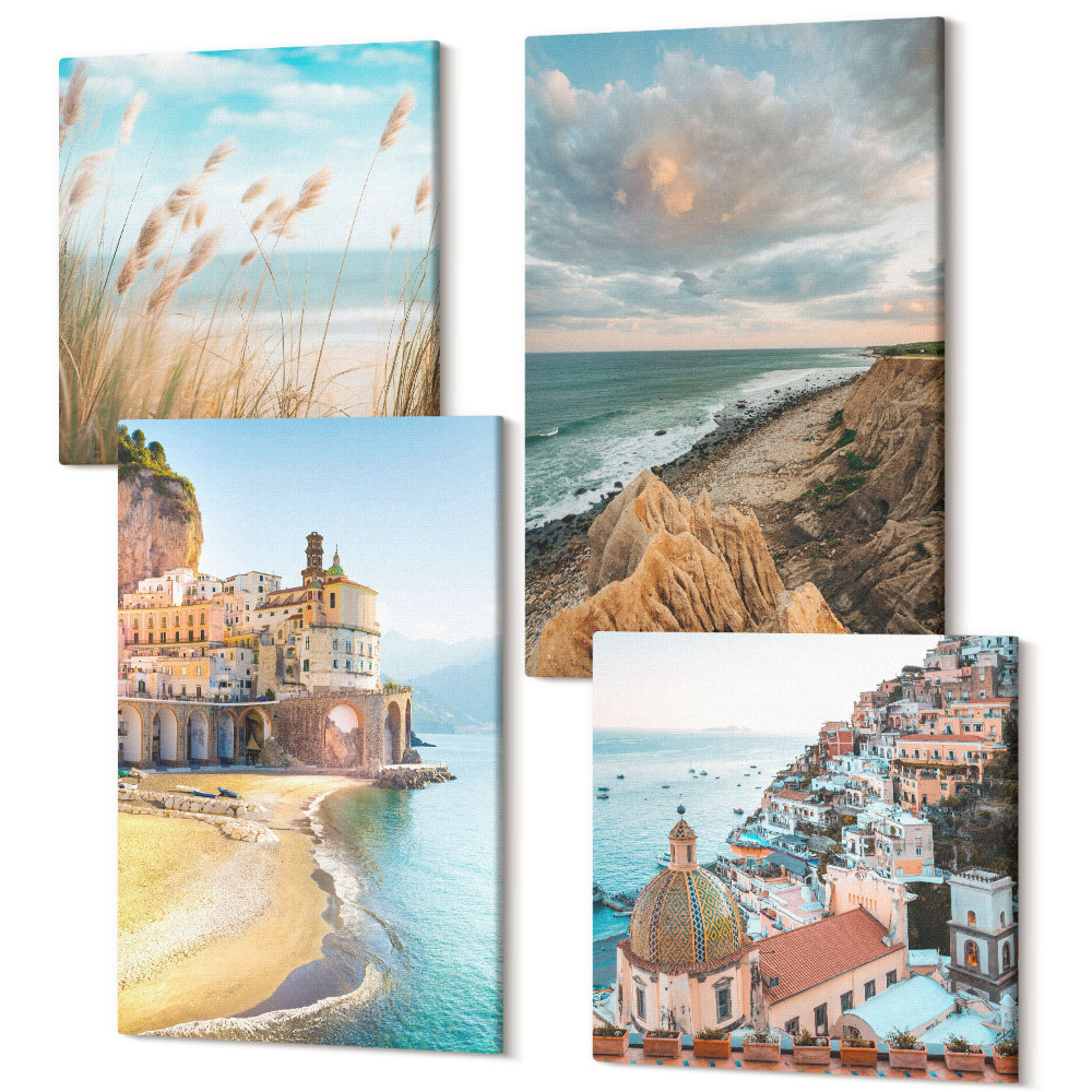 Tablouri canvas set 4 piese Peisaje de litoral cu plajă, oraș și stânci