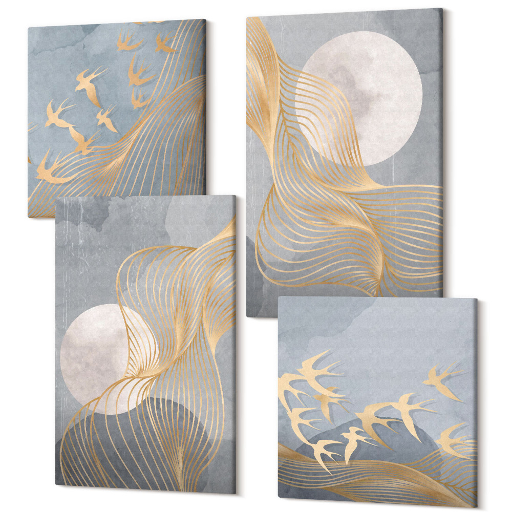 Tablouri multicanvas 4 piese Modele abstracte cu valuri și cercuri pe un fundal gri