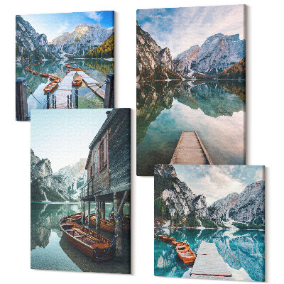 Tablou 4 piese Un lac linistit in munti cu barci de lemn