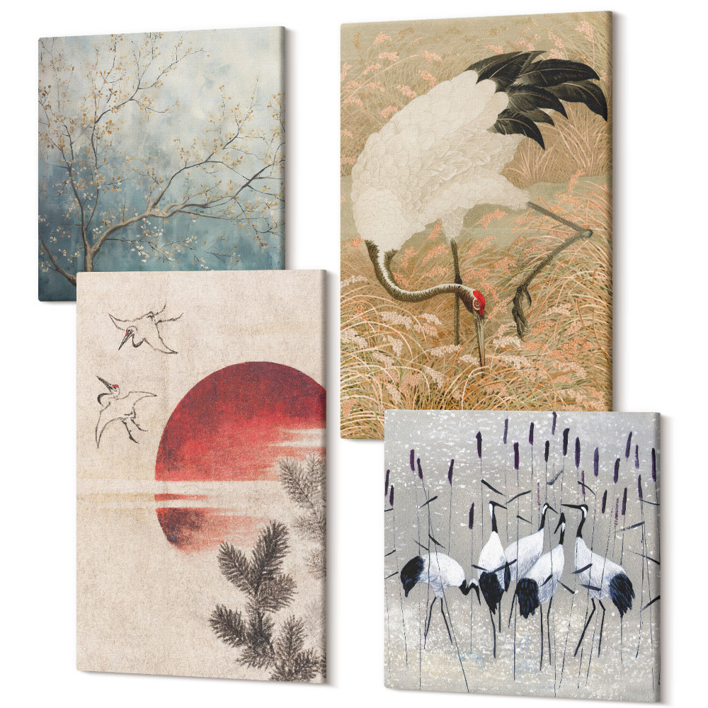 Tablouri canvas set 4 piese Ilustrații de macara japoneză peisaj japandi