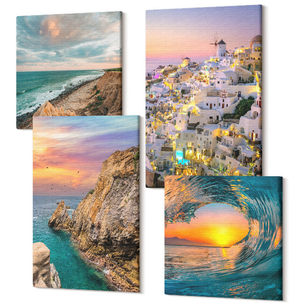 Tablou 4 piese Vederi la mare, valuri și case albe în Santorini, Grecia