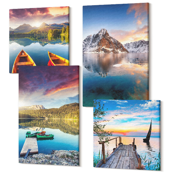 Tablou 4 piese Lacuri liniștite cu peisaj montan și o barcă