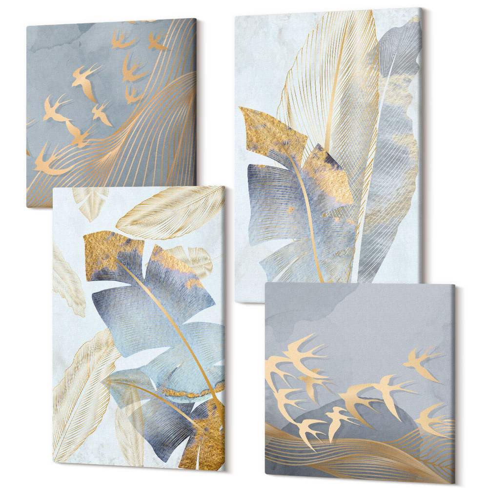 Tablouri canvas set 4 piese Frunze în nuanțe de albastru și bej pe un fundal deschis