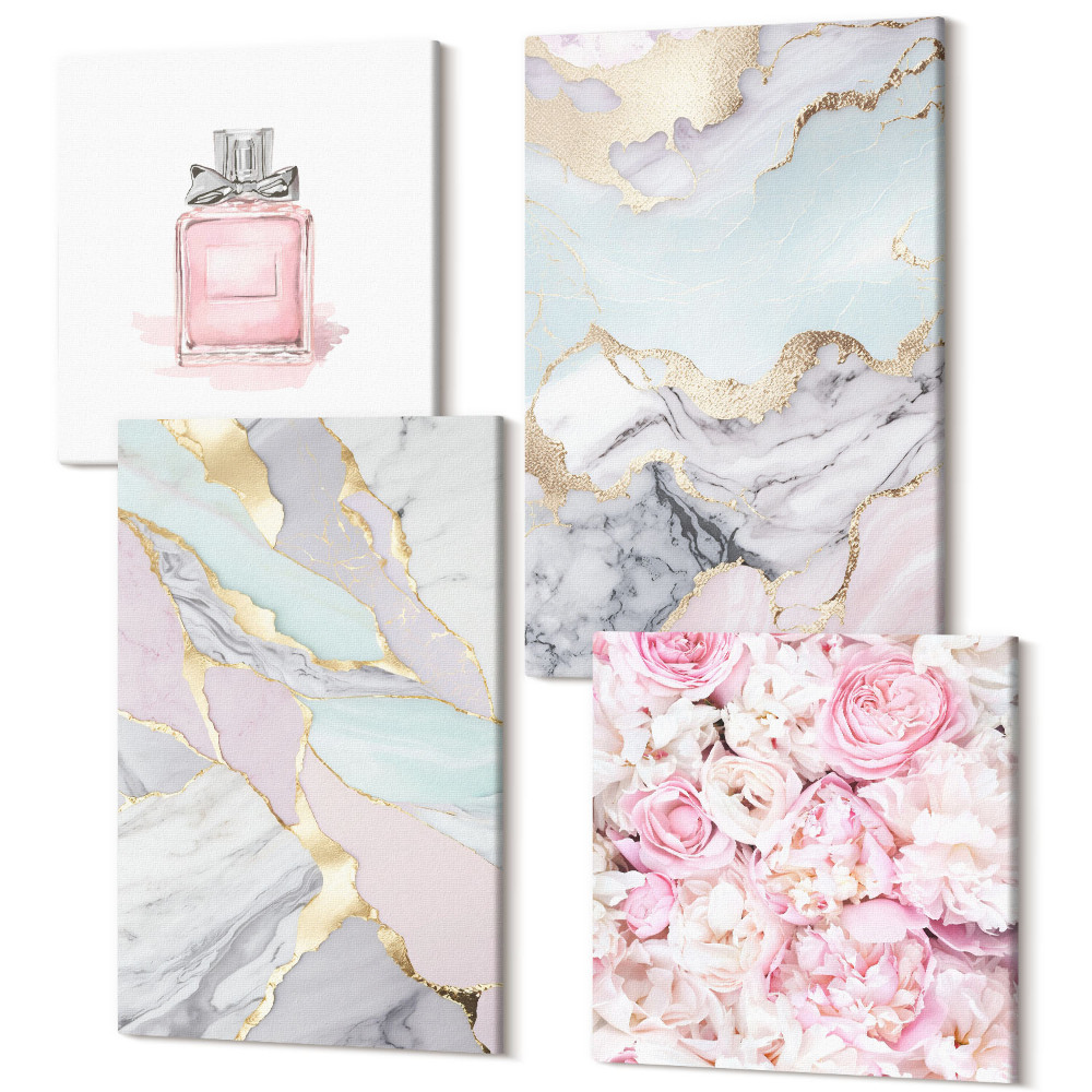Tablou 4 piese Flori roz cu modele de marmură și pastel