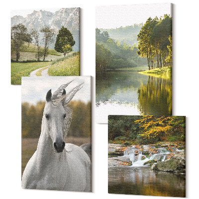 Tablouri canvas set 4 piese Cai albi lângă râu peisaj natural