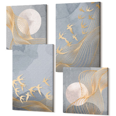 Tablouri multicanvas 4 piese Păsări în zbor împotriva cerului și a lunii