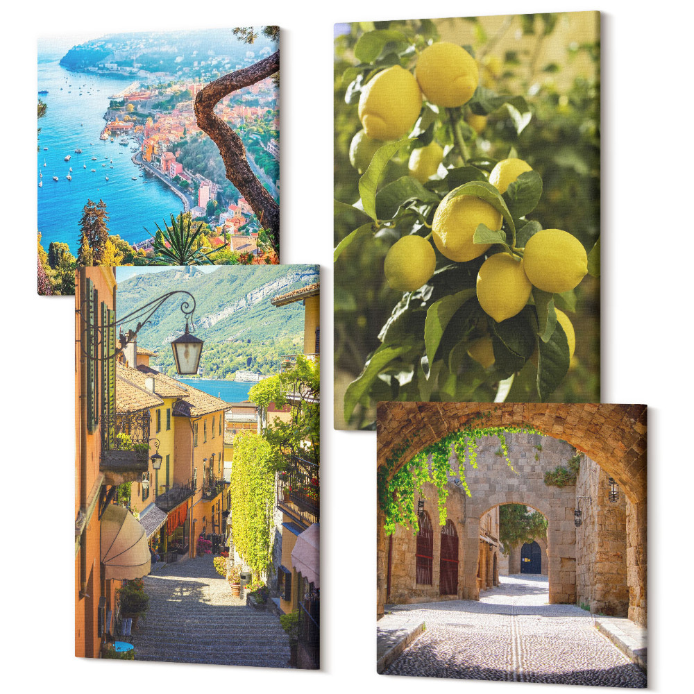 Tablouri multicanvas 4 piese Străzi pitorești de pe litoral, cu vedere la mare și lămâi