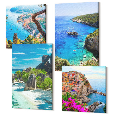 Tablou 4 piese Vedere la mare cu palmieri și apă albastră