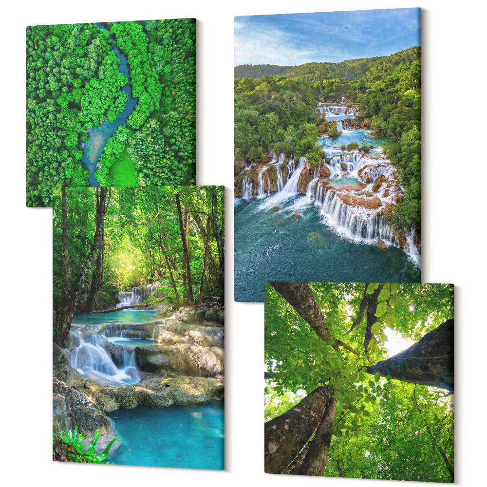 Tablouri multicanvas 4 piese Cascade într-o pădure verde cu apă limpede