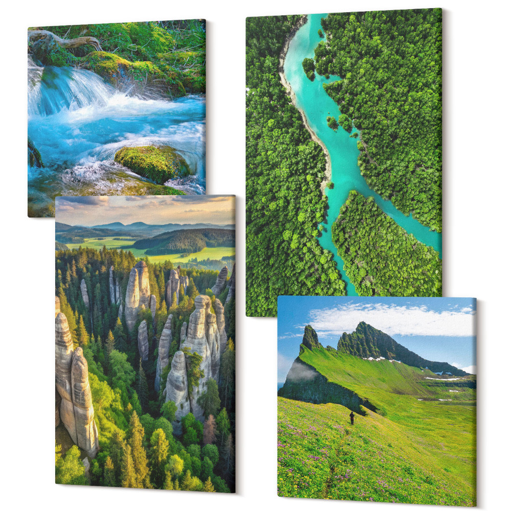 Tablou 4 piese Peisaje verzi de munte cu un râu și stânci