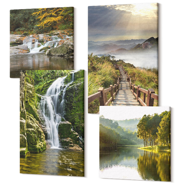 Tablou 4 piese Cascade, munți, poteci cu nori și vederi de toamnă