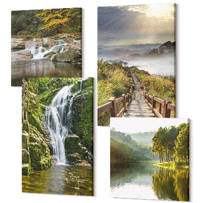 Tablou 4 piese Cascade, munți, poteci cu nori și vederi de toamnă