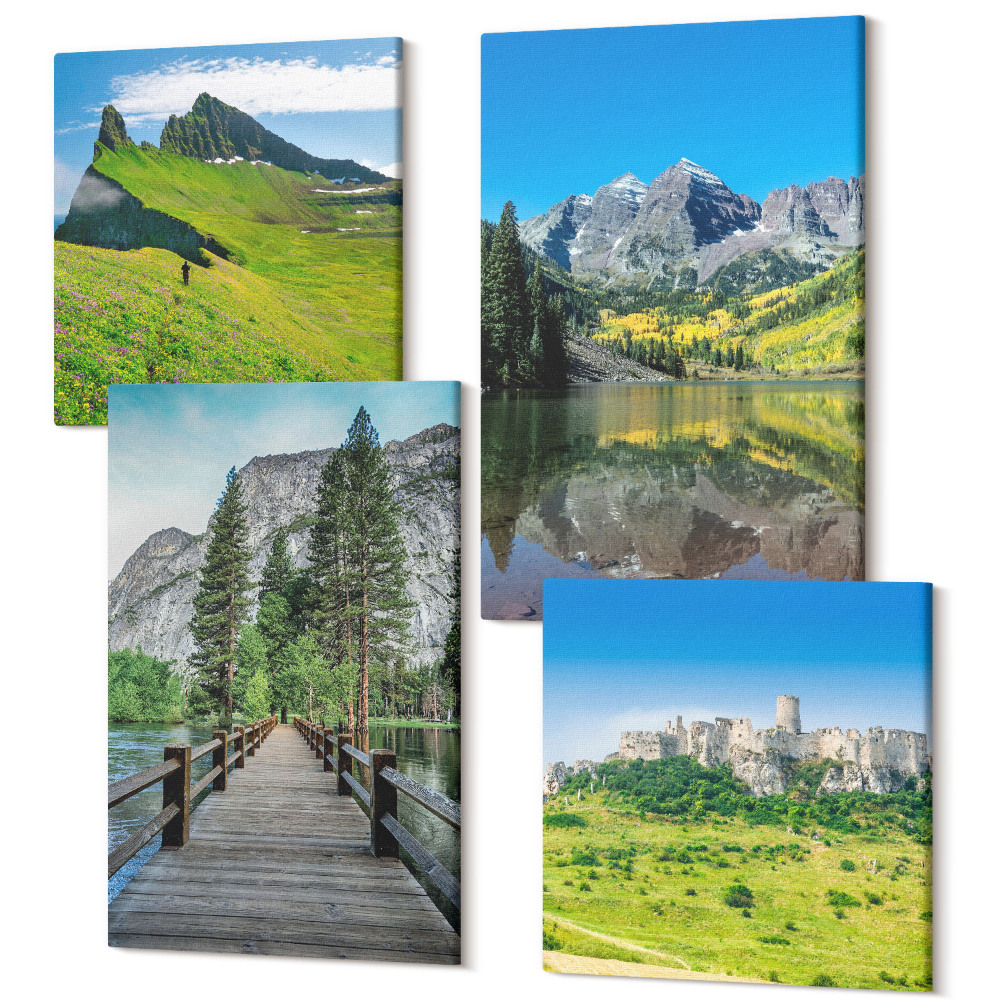 Tablouri canvas set 4 piese Dealuri verzi cu un castel și peisaje montane