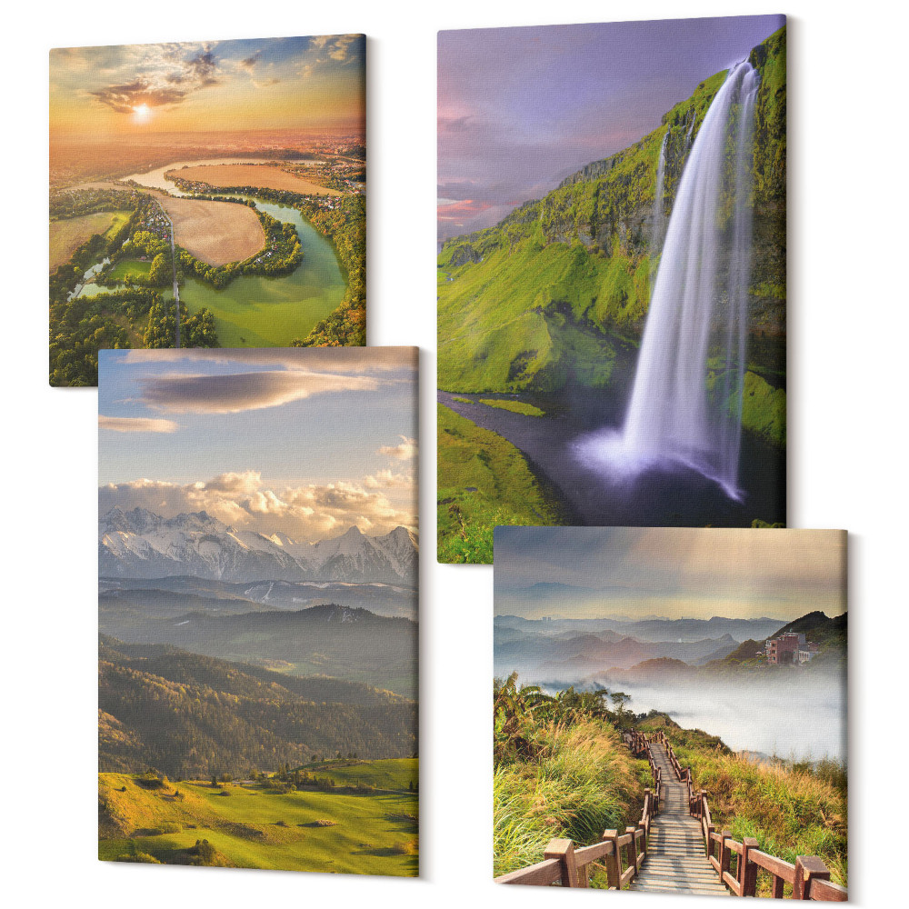 Tablouri multicanvas 4 piese Vederi ale râului de munte și cascadei în natură