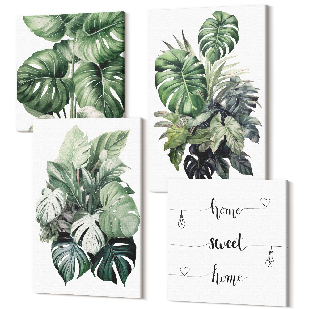 Tablou 4 piese Acuarele cu frunze verzi ale plantelor tropicale