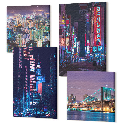 Tablou 4 piese Vederi nocturne ale orașelor cu lumini de neon