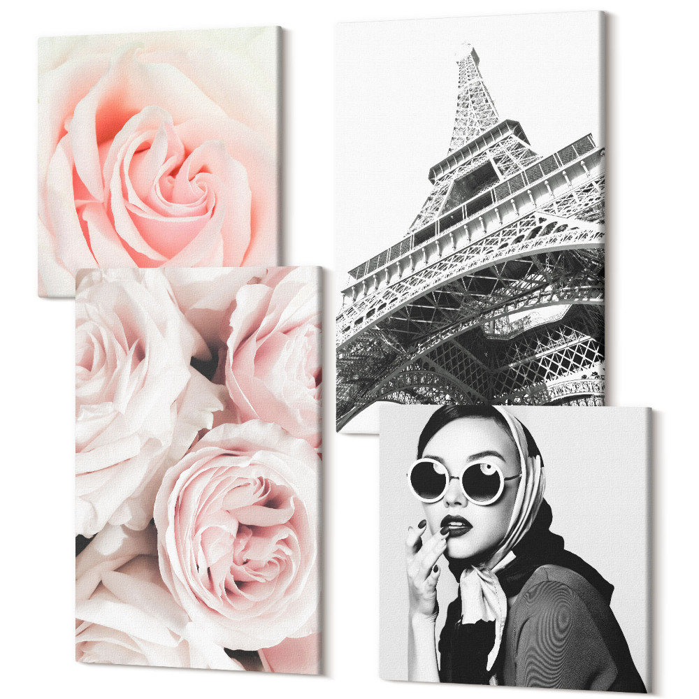 Tablouri multicanvas 4 piese Portretul de modă cu trandafiri al unei femei Turnul Eiffel din Paris