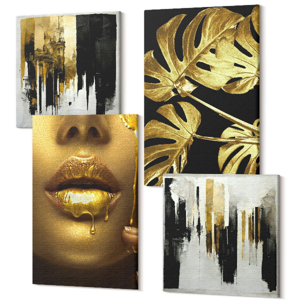 Tablouri multicanvas 4 piese Pictură abstractă cu frunze de monstera, portretul unei femei