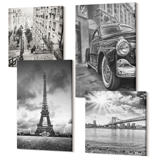 Tablouri canvas set 4 piese Vederi la oraș, poduri, Turnul Eiffel, mașină clasică