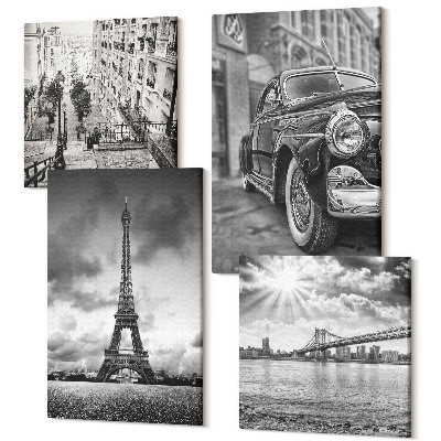 Tablouri canvas set 4 piese Vederi la oraș, poduri, Turnul Eiffel, mașină clasică