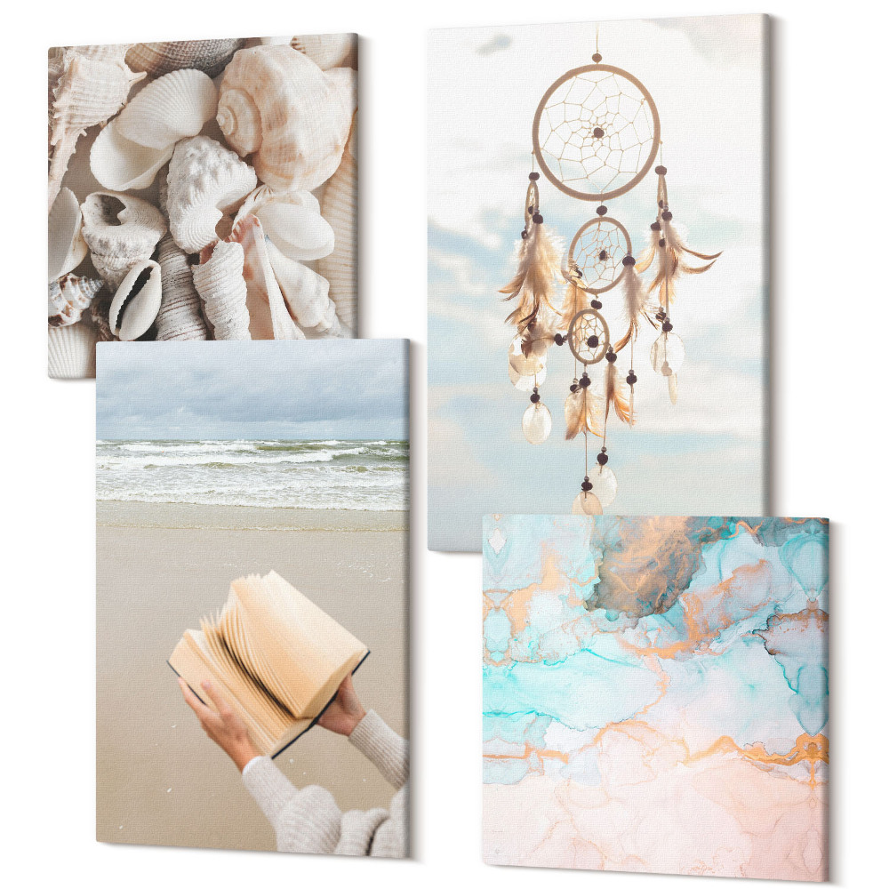 Tablouri multicanvas 4 piese Scoici de mare carte de lectură și prins de vise boho