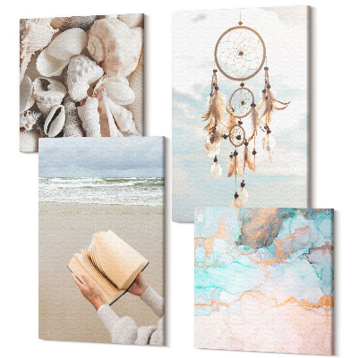 Tablouri multicanvas 4 piese Scoici de mare carte de lectură și prins de vise boho