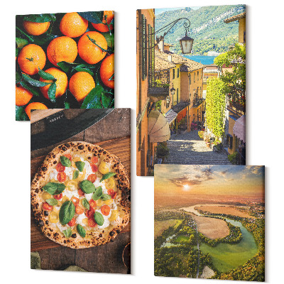 Tablouri canvas set 4 piese Peisaje italiene cu un râu, dealuri și o stradă a orașului