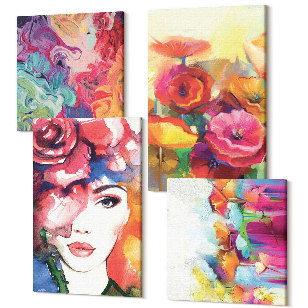 Tablou 4 piese Flori in culori intense, portret de femeie, abstract