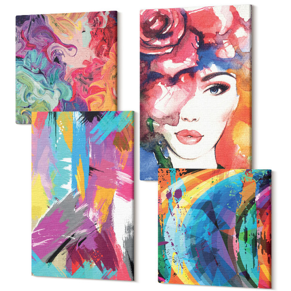 Tablou 4 piese Vopsea abstractă colorată portret al unei femei