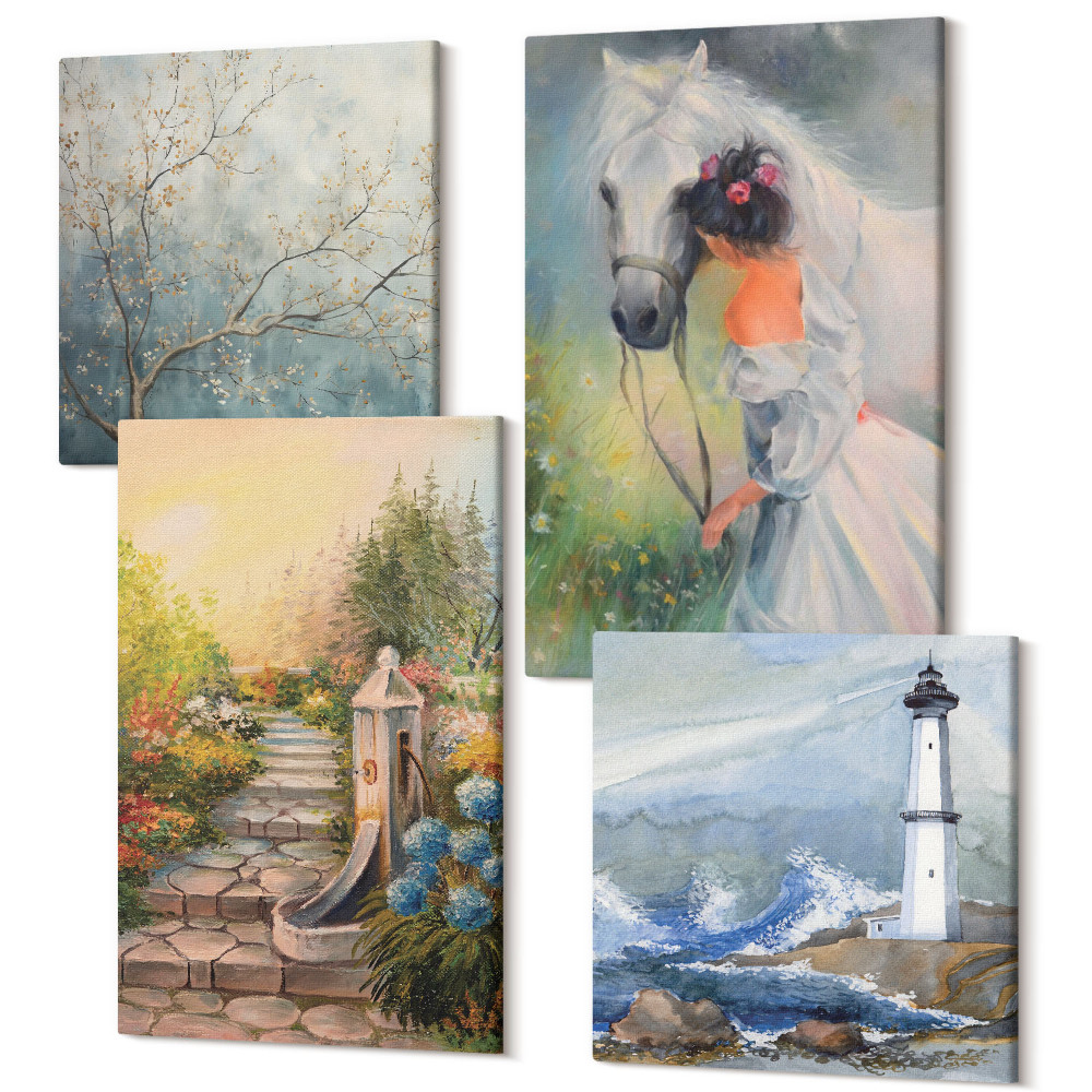 Tablou 4 piese Peisaje naturii far și fată cu cal