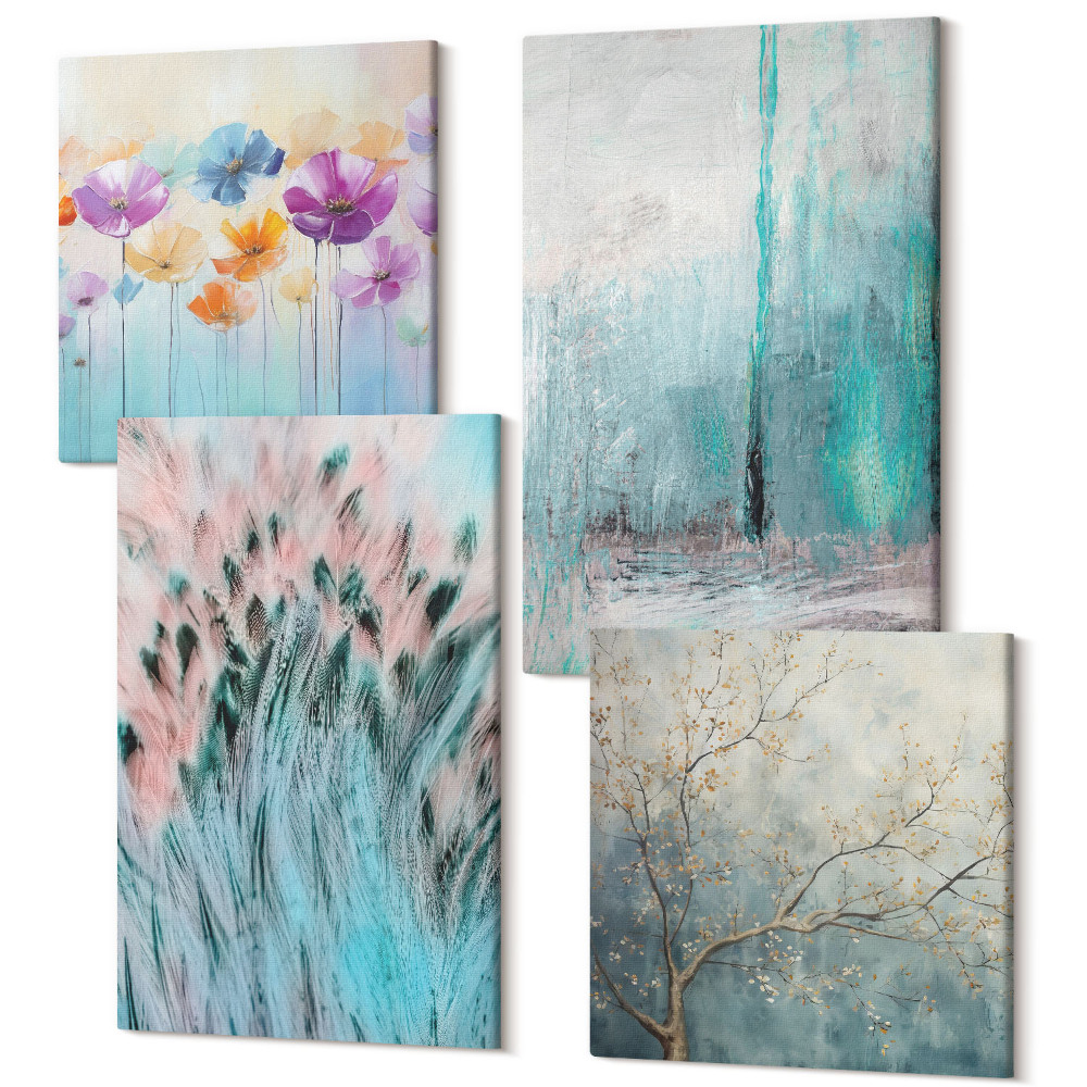 Tablouri canvas set 4 piese Flori pe un fundal de culori pastelate și modele delicate