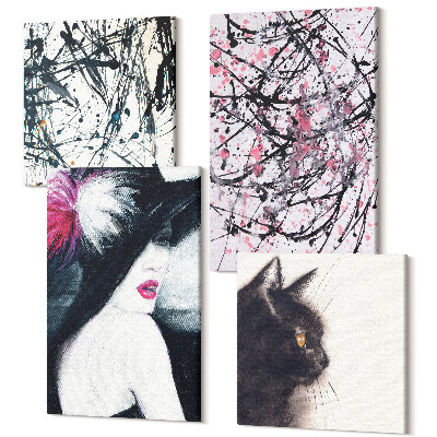 Tablouri multicanvas 4 piese Modele de vopsea abstracte femeie în pălărie pisică
