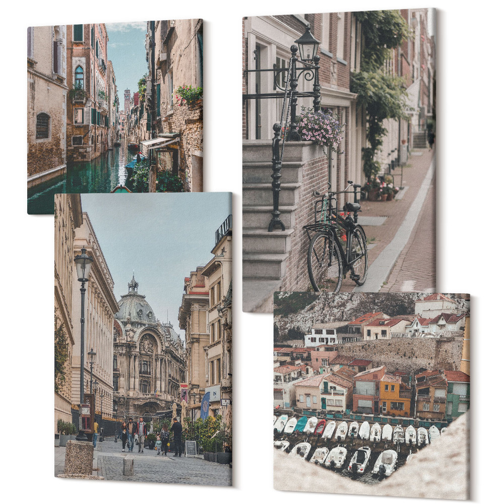 Tablouri canvas set 4 piese Străzi fermecătoare ale orașului, cu vedere la porturi și clădiri