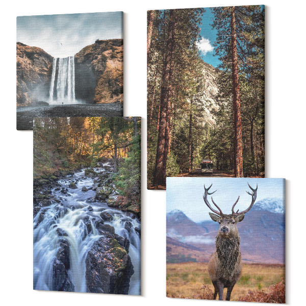 Tablou 4 piese Cascada în pădure, munți și căprioare în natură