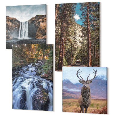 Tablou 4 piese Cascada în pădure, munți și căprioare în natură