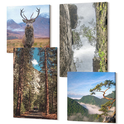 Tablouri canvas set 4 piese Drum în pădure, munți și căprioare în natură