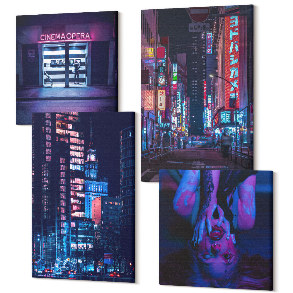 Tablouri multicanvas 4 piese Oraș de noapte cu lumini de neon și intrare la cinema