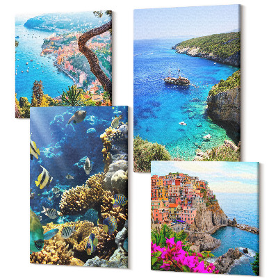 Tablouri canvas set 4 piese Vederi la malul mării, cu case colorate și un recif de corali