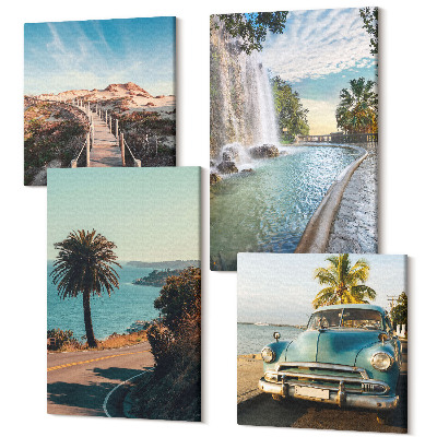 Tablou 4 piese Peisaje de vacanță cu palmieri și o cascadă