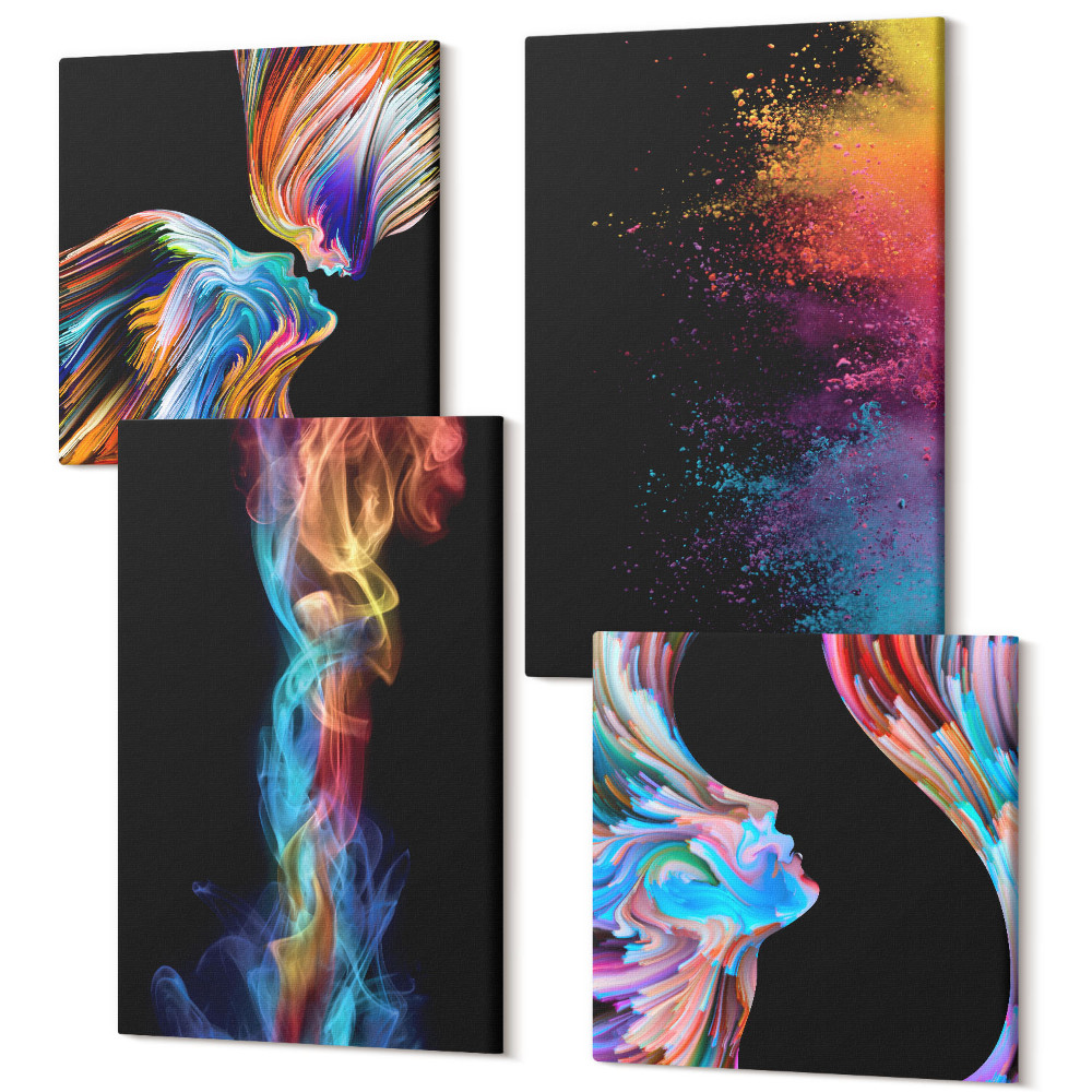 Tablouri canvas set 4 piese Abstracții colorate cu fețe și forme dinamice